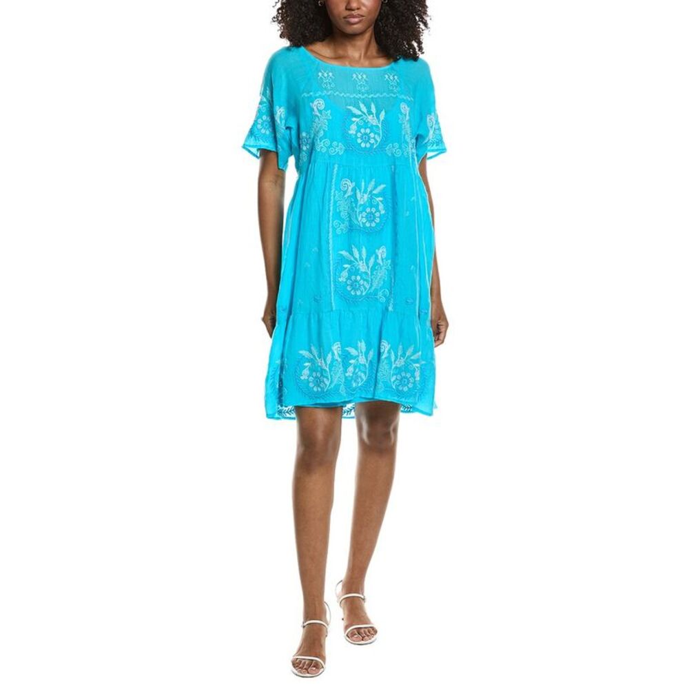 Johnny Was Bright Turquoise Embroidered Midi Dress